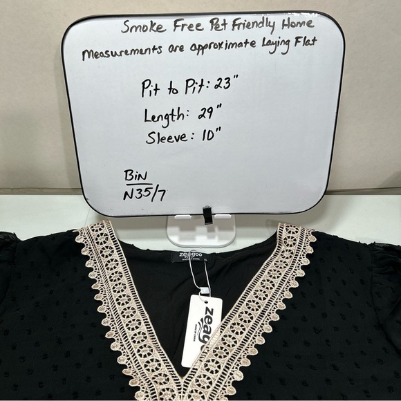 Women Black V Neck Puff Short Sleeve Top Swiss Dot chiffon Lace size X-Large NWT - Picture 9 of 9